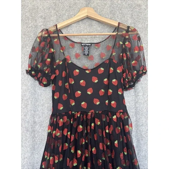 Hot Topic Strawberry Dress XS Black Red Glitter Coquette Pinup Novelty Retro - Picture 5 of 15